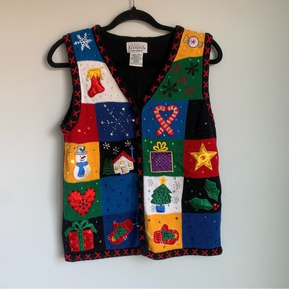 VIntage Basic Editions Holiday Christmas Patchwork Sweater Vest - Picture 1 of 7